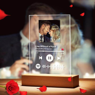 Customizable photo music album cover night light with song display and personalized photo frame.